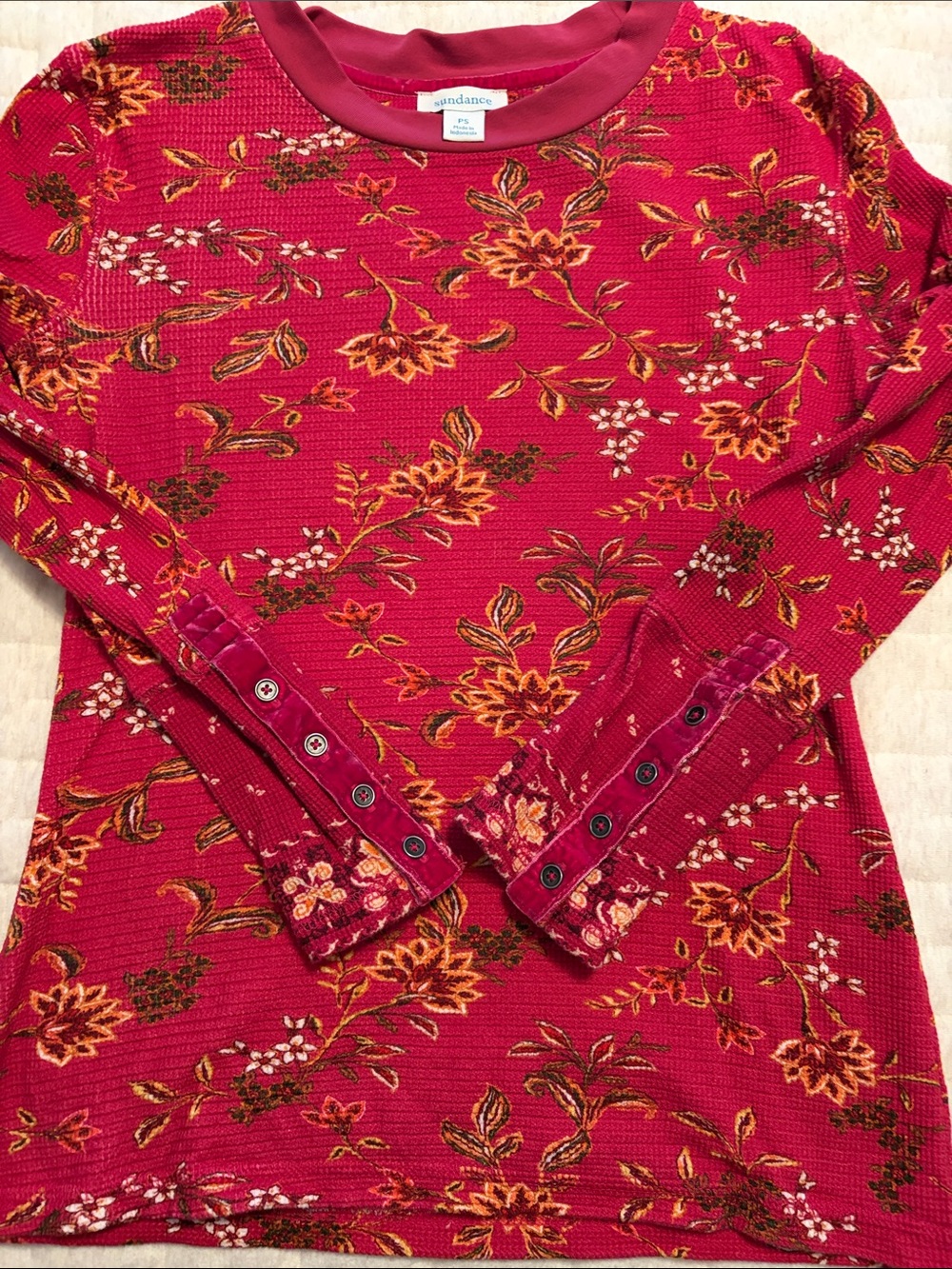 Sundance Magenta-Red Floral Long Sleeve Tee with Button Cuffs